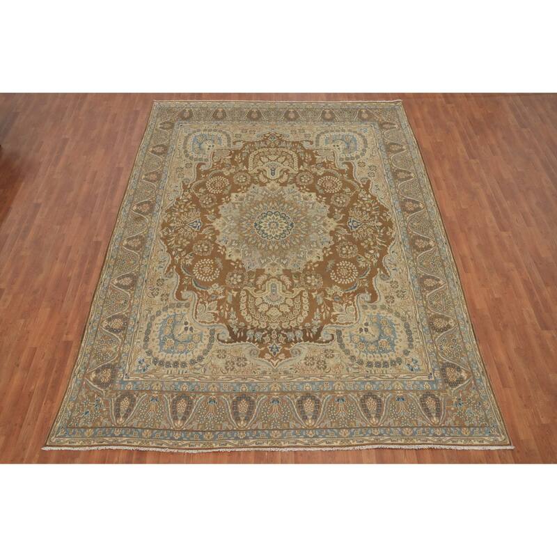Hand Knotted Oriental 100% Wool Carpet Traditional Floral Brown Kerman Area Rug - 12' 11'' X 9' 6''
