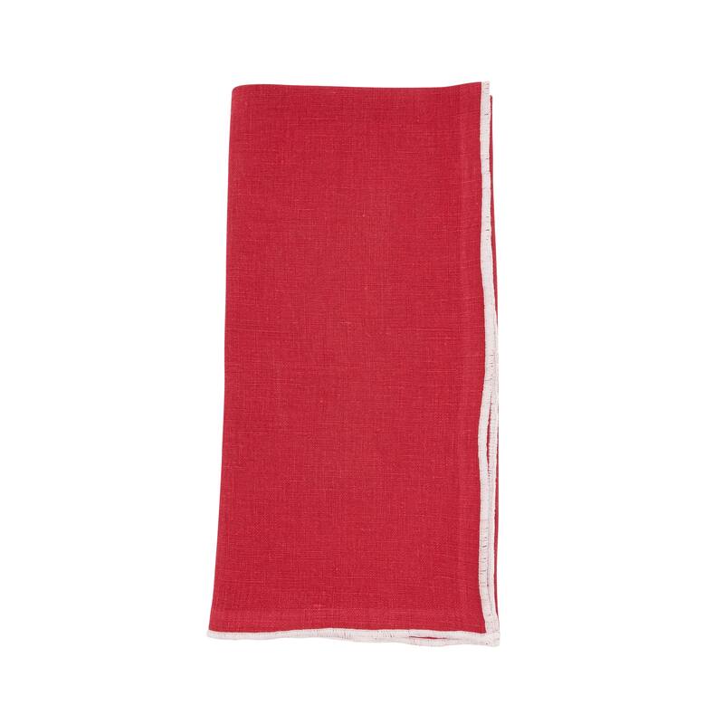 Stonewashed Linen Napkins With Stitched Border Design (Set of 4) - Set of 4 - Red/White