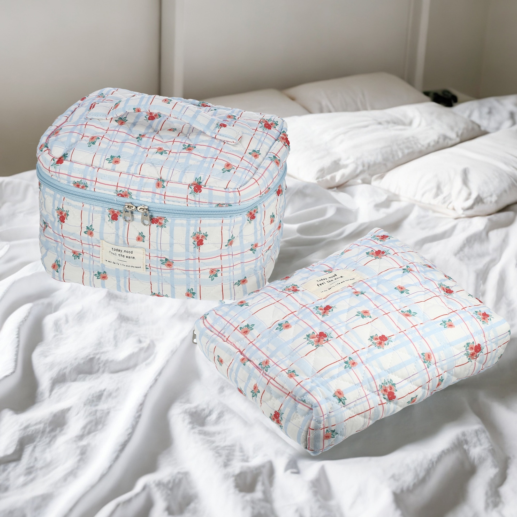 2 Pcs Quilted Makeup Bags Cotton Quilted Toiletry Bag for Women - 9.45