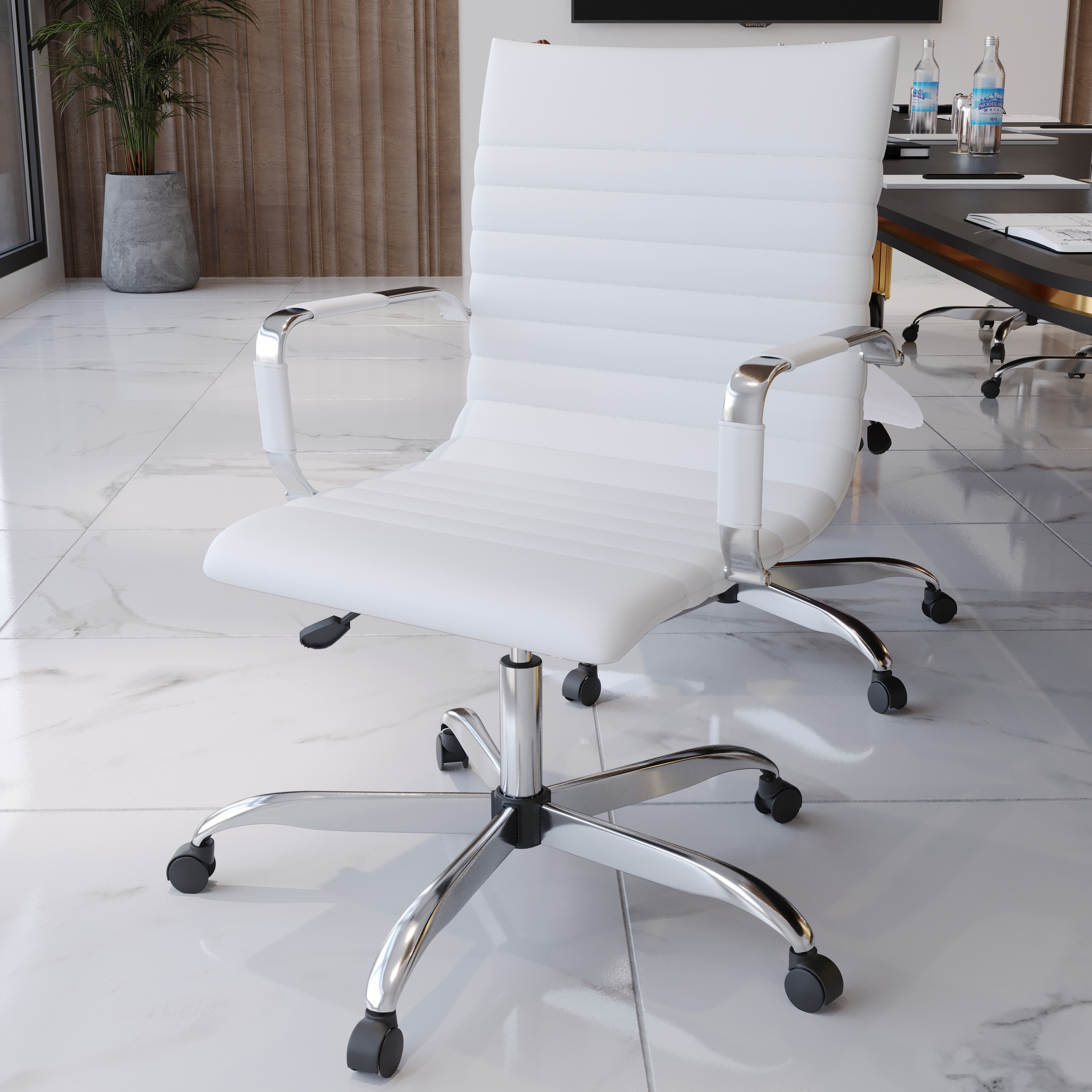 Harris Mid Back Ergonomic Office Chair - Ribbed PU Leather Executive Desk Chair - Chrome Frame Swivel Computer Seat