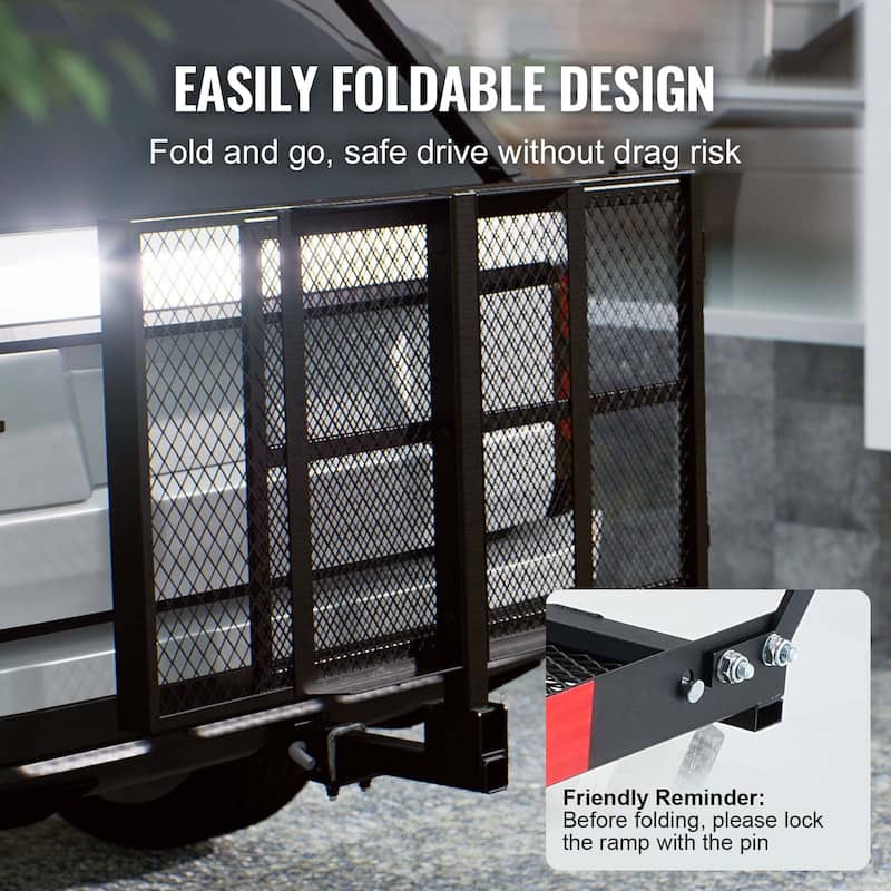 Hitch Mount Cargo Carrier, Hitch Cargo Rack with Folding Ramp, Hitch Rack Basket with Stabilizer and Straps