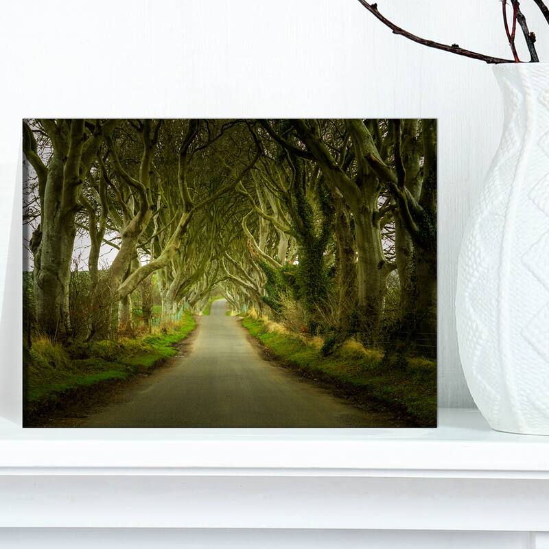 Designart "Dark Hedges Road through Old Trees" Landscape Wall Artwork Print on Canvas - 12 in. wide x 8 in. high - 1 Panel