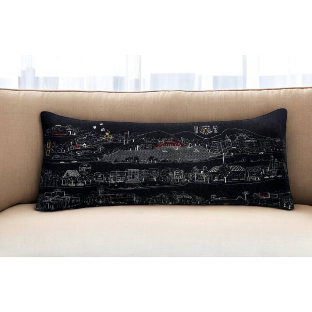 HomeRoots 14" X 35" Dark Gray And White Los Gatos Nighttime Skyline Lumbar Decorative Pillow