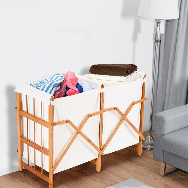Costway Household Folding Bamboo Frame Laundry Hamper Clothes Folding Bamboo Frame Laundry Hamper