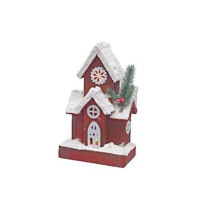 Led Snow Covered Red Wooden House (10.25")