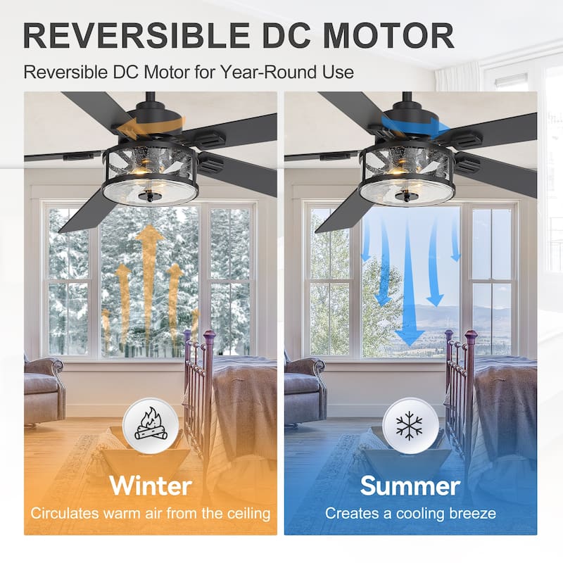 56" Reversible 5-Blade Glass Shade Ceiling Fan Chandelier with Light and Remote