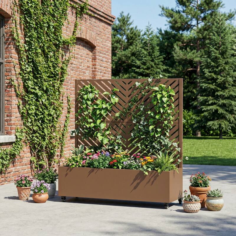 Raised Garden Bed Planter with Trellis Movable Planter Box with Lockable Wheels - 47*47 - Brown