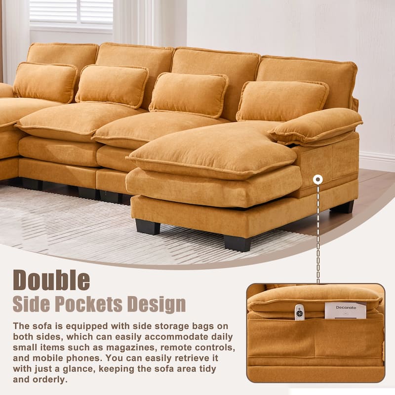 HOMEFUN Chenille Upholstered U-Shaped Modular Wood Frame Sleeper Sectional Sofa with Double Chaise