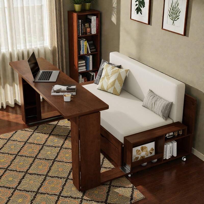 Full Size Daybed with Removable Desk, Storage Drawers & Hydraulic Side Table, Multi-Functional Sofa Bed for Small Spaces