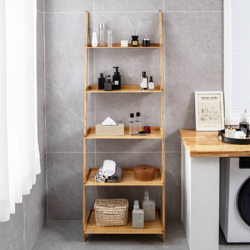 Gymax 5-Tier Bamboo Ladder Shelf Wall-Leaning Bookshelf Display
