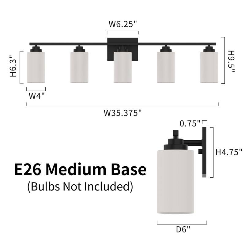 KAWOTI Rive 5-Light Modern Bathroom Vanity Light Frosted White Glass