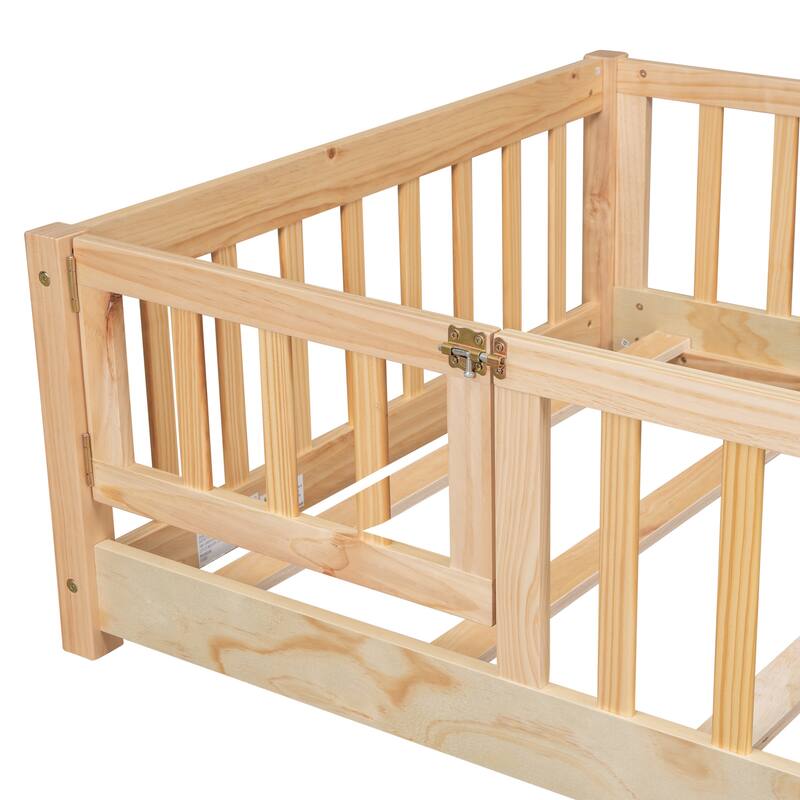 Pine Wood Floor Platform Bed with Fence and Door