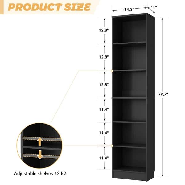 dimension image slide 0 of 6, 80" Tall 6-Tier Bookcase With 2 Adjustable Shelves, Modern Open Storage Shelf for Home Office and Bedroom