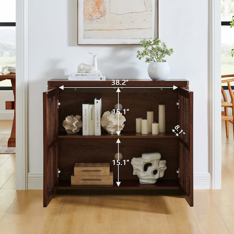 39.4" Mid Century Modern Rattan Storage Sideboard Cabinet with 2 Outlet Holes