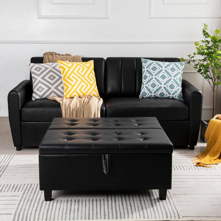 35-Inch Air Leather Tufted Upholstered Lift-Top Ottoman Bench, Large Square Storage Coffee Table for Living Room