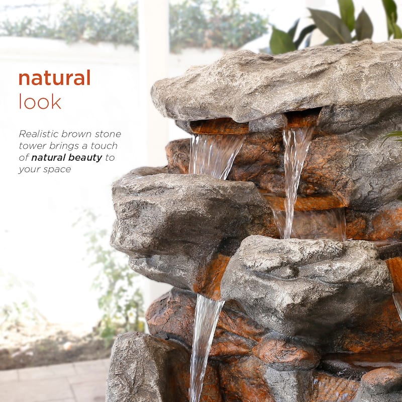 Alpine Corporation WIN730 52" Brown Outdoor Floor Tiered Rainforest Rock Fountain with LED Lights