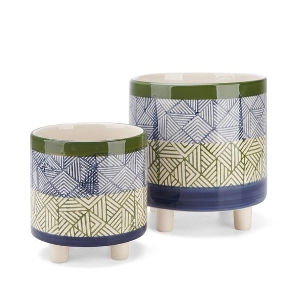 Set of 2 Blue and Green Basim Footed Geometric Pattern Ceramic Planters 8.5” - N/A