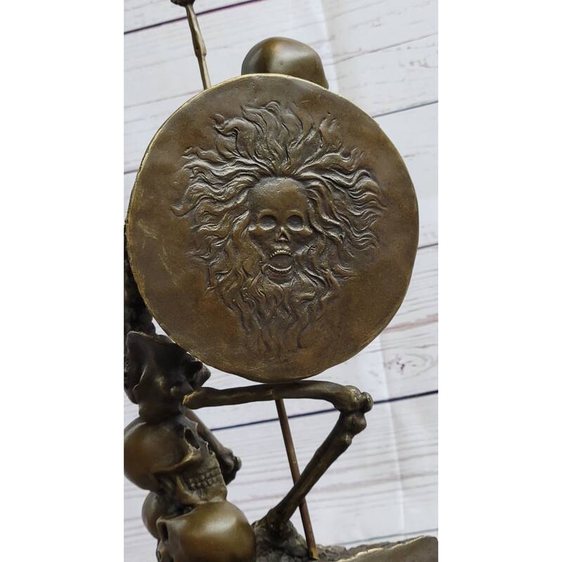 Skeleton Warrior W/ Shield And Spear Bronze Statue Sculpture Marble Base 12 Inches X 10 Inches