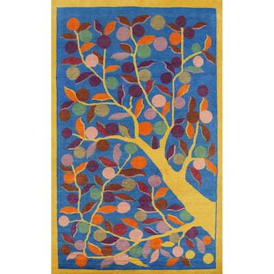 Hand Knotted Oriental 100% Wool Carpet Traditional Floral Navy Blue & Blues Art Deco Area Rug - 8' 0'' X 5' 3''