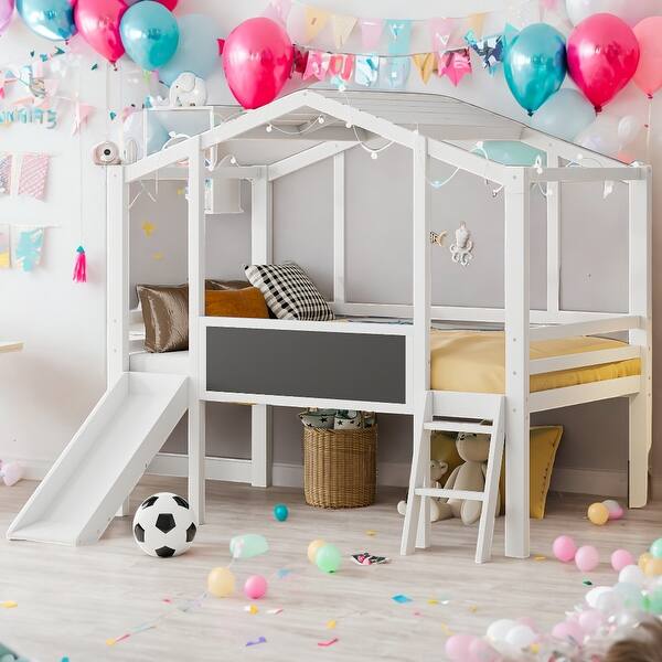 slide 2 of 18, Twin Size Loft Bed with Ladder and Slide with Blackboard and Light Strip White