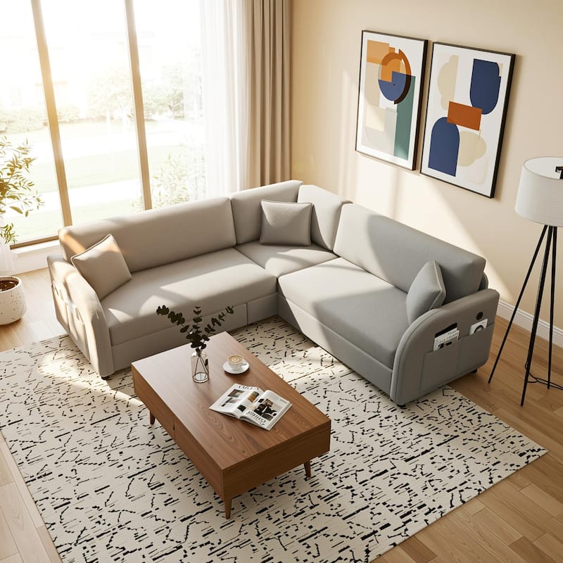 Homy Casa 85"/115" L-Shaped Sectional Sofa Bed USB & Side Pocket, Teddy Fabric Pull-Out Sleeper, Reversible Chaise, Multi Colors - Grey 5
