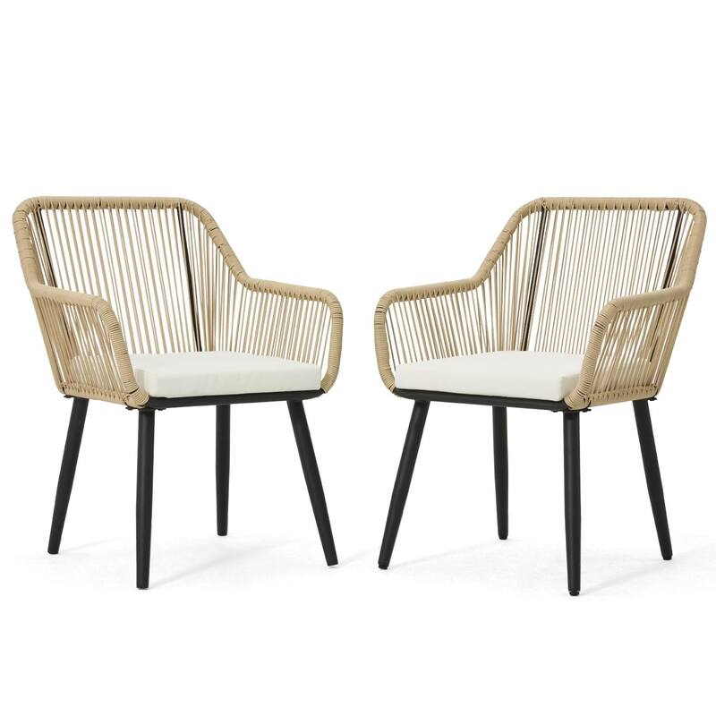 Outdoor Patio Dining Chairs Set of 2, Wicker Rattan Balcony Chairs with Removable Cushions, Ergonomic Armrests and Backrest