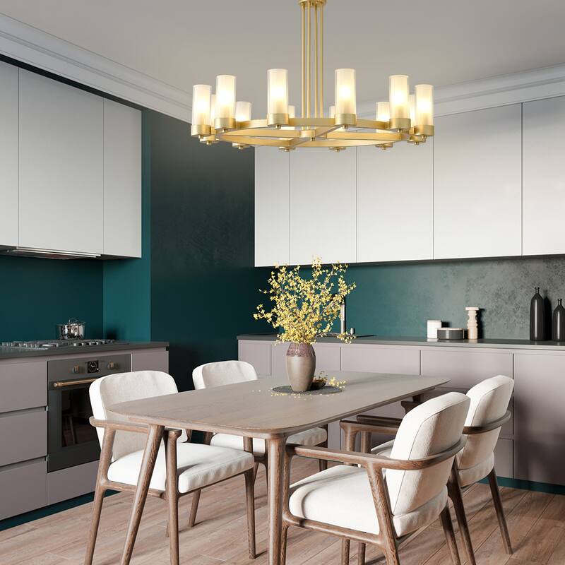 12 - Light Modern Round Chandelier with Frosted Glass Cylinder Shades