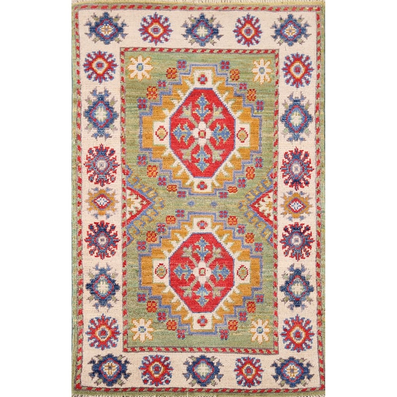 Green Kazak Oriental Accent Rug Hand-Knotted Wool Carpet - 1'11" x 3'1"