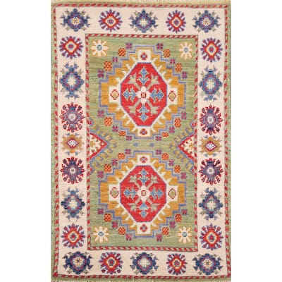 Green Kazak Oriental Accent Rug Hand-Knotted Wool Carpet - 1'11" x 3'1"