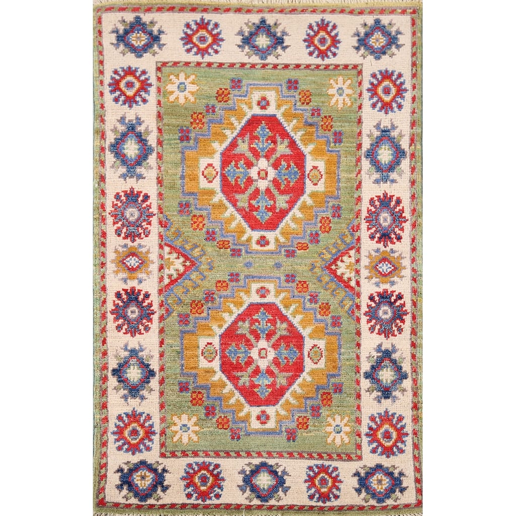 Green Kazak Oriental Accent Rug Hand-Knotted Wool Carpet - 1'11" x 3'1"