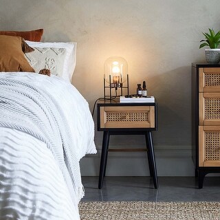 COZAYH Woven Cane Front Accent Nightstand with Brass Knobs, Accent Dresser