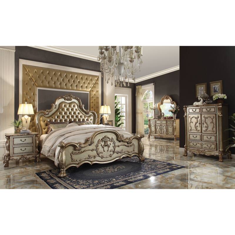 Adison Bone and Gold Patina Tufted Headboard Panel Bed