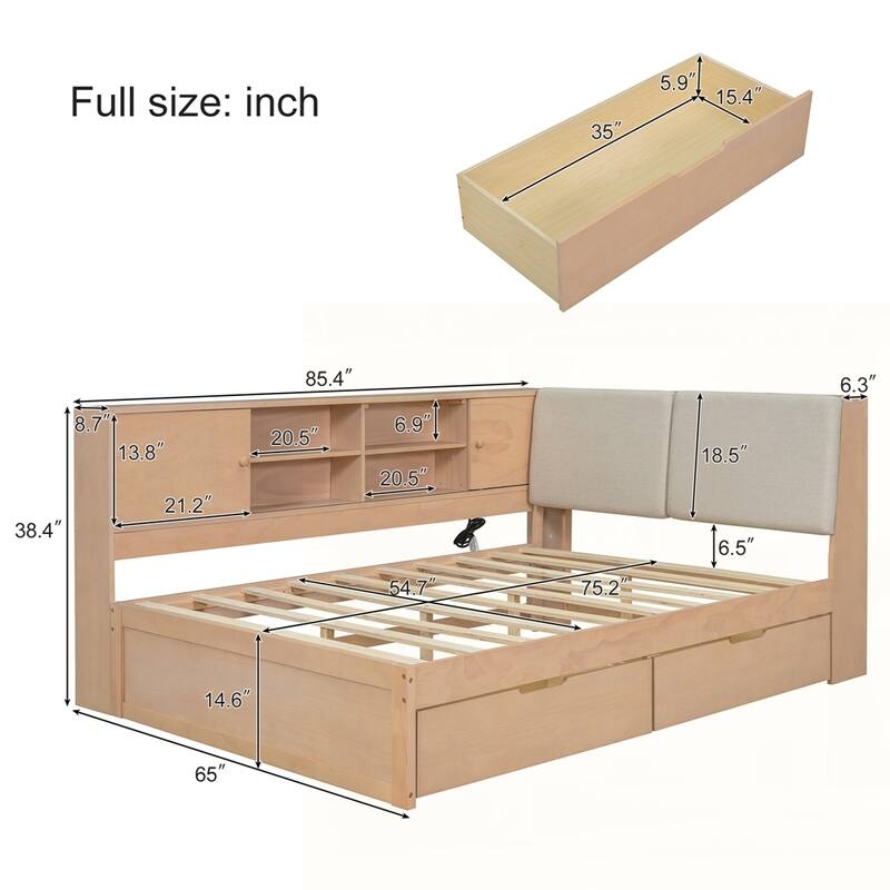 L-shaped Daybed Corner Bed with Storage Bookcase and USB Charging Ports