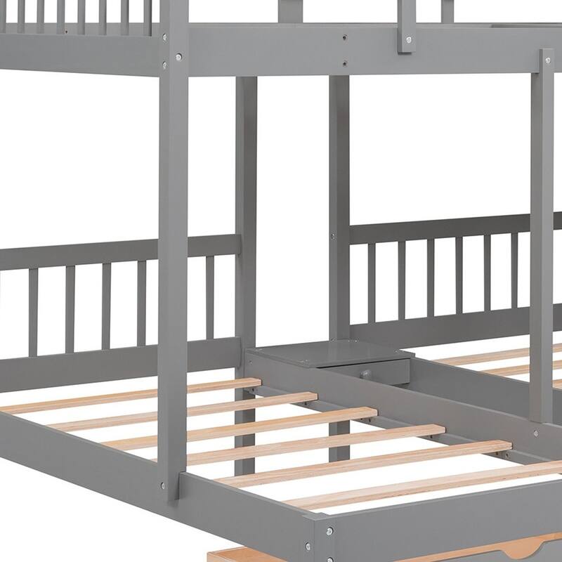 HomeRoots Gray Full Over Two Twins Solid Wood Bunk Bed With Stairs Drawers And Storage