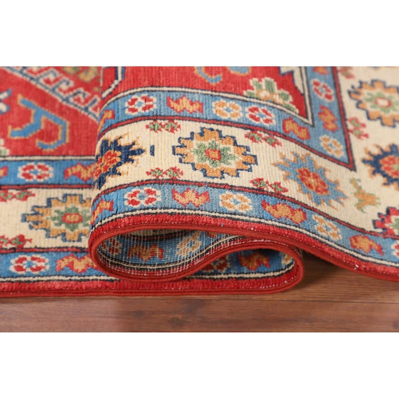 Geometric Orange Kazak Accent Rug Hand-Knotted Wool Carpet - 3'0" x 4'11"