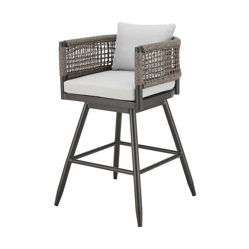 HomeRoots 30" Black and Light Gray Aluminum Swivel Rope Back Outdoor Bar Height Chair with Footrest