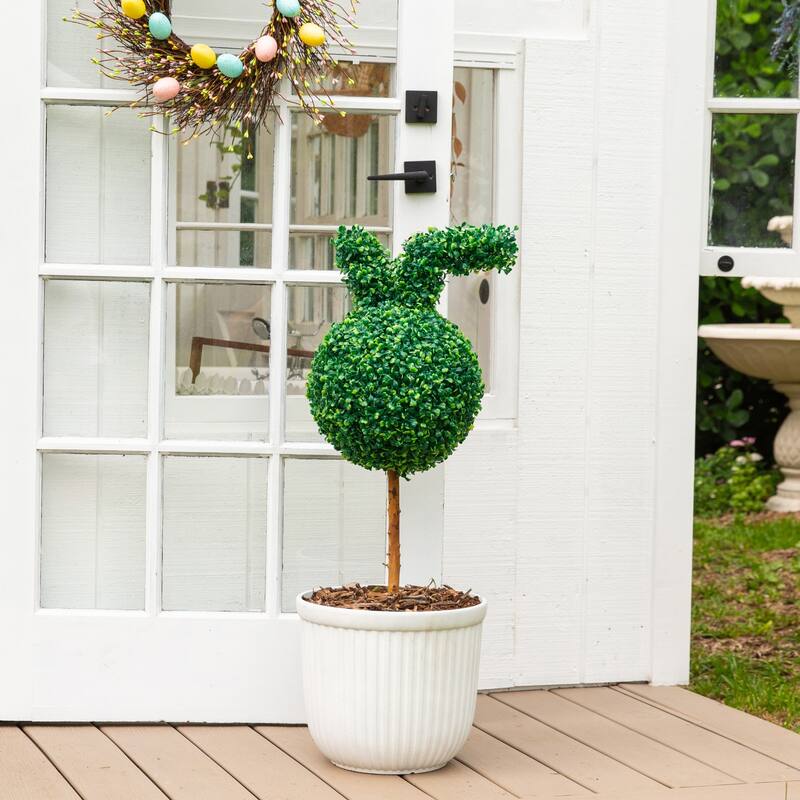 2-ft UV Resistant Artificial Easter Bunny Boxwood Topiary - Set of 2