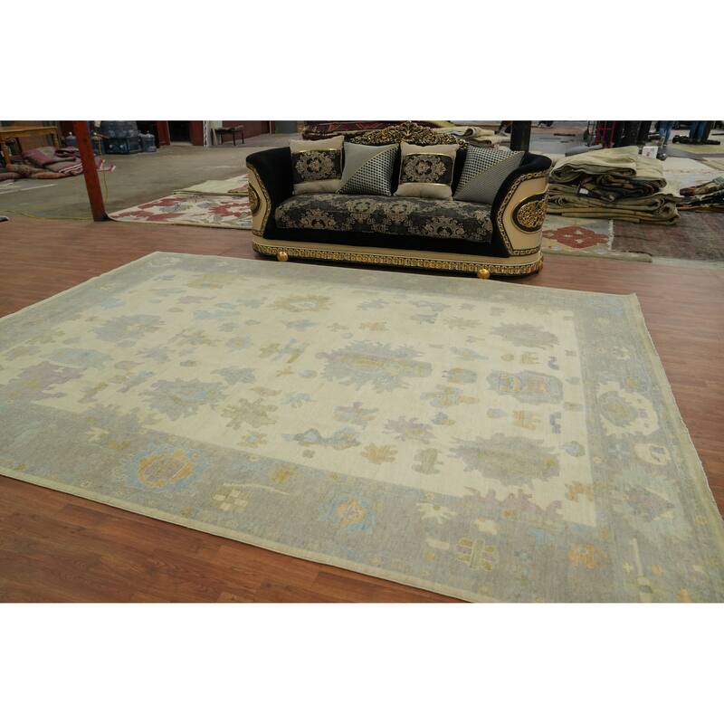 Vegetable Dye Wool Oushak Turkish Area Rug, Floral Geometric Carpet - 13' 4'' X 9' 8''
