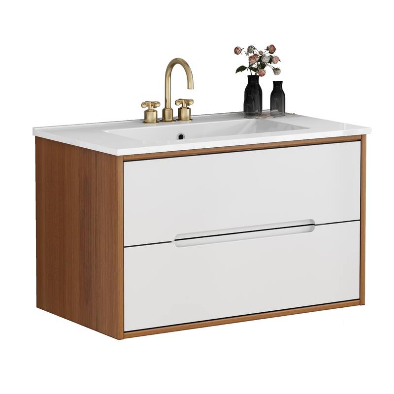 32 Inch Floating Bathroom Vanity with Sink & Double Drawers, Wall-Mounted Bathroom Vanity Base with Ceramic Basin