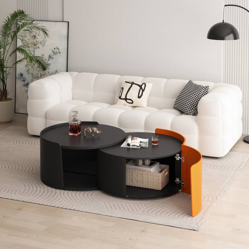 Wood Coffee Table Set with Storage, Adjustable Round Nesting Side Tables with Extendable Sliding Tabletop for Living Room