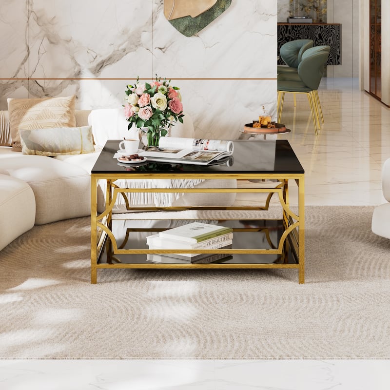 Square Glass Coffee Table in 33.5",Luxurious Geometric Metal Frame,Gold Finish & Lower Shelf
