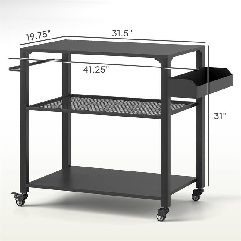 Black Metal and Steel Grill Cart with Side Storage, Grid Tray, Bottom Shelf, and Swivel Casters - 41.3" W x 19.7" D x 31.1" H