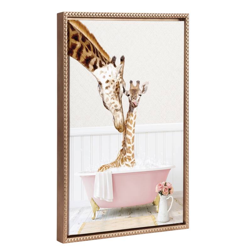 Sylvie Beaded Mother Baby Giraffe Rose Bath Canvas by Amy Peterson - 18x24