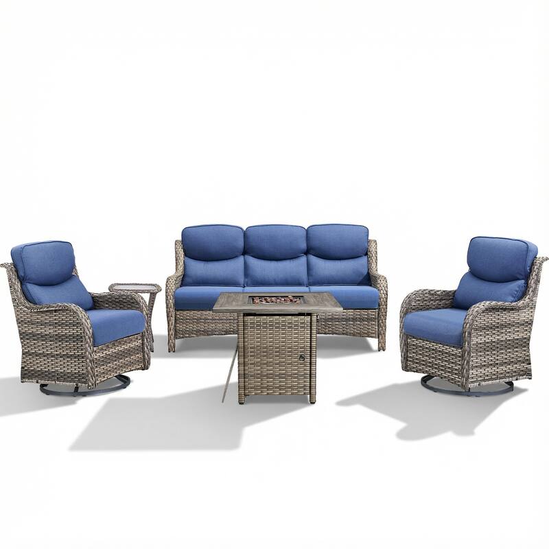 Pocassy Outdoor Propane Fire Table with Sofa Swivel Chair Table Funiture Set.