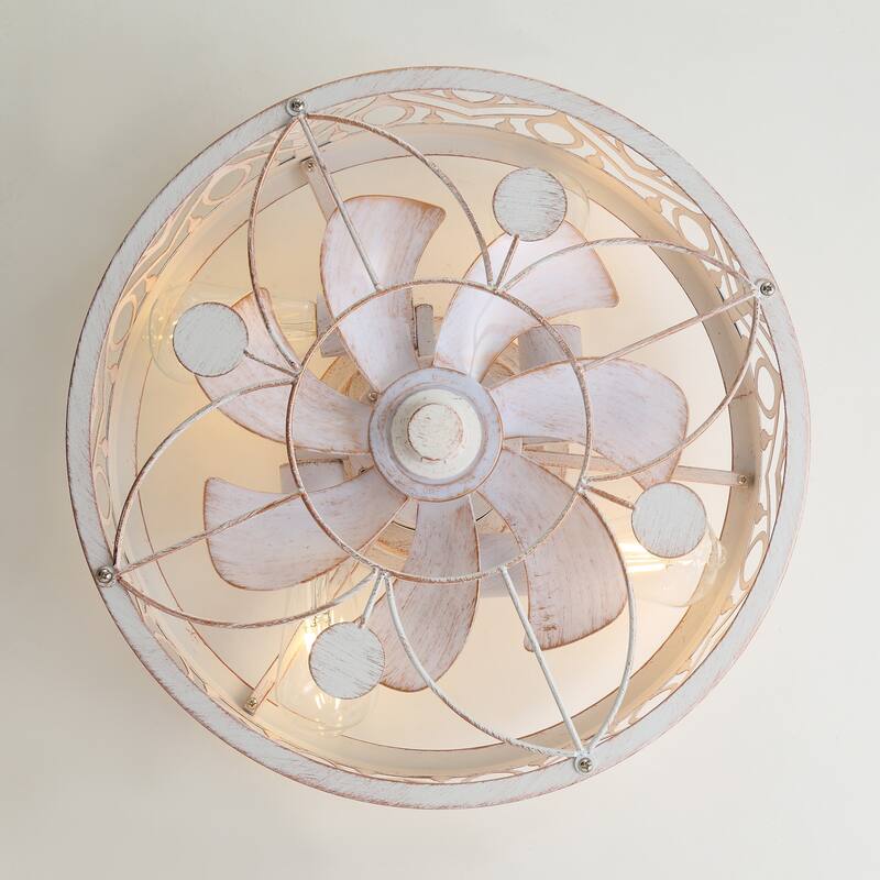 20" 7-Blade Distressed White Flush Mount Caged Ceiling Fan with Light Remote