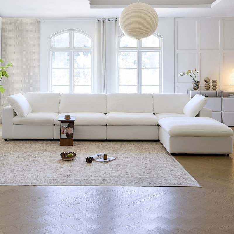Lesly Free Assembly Sofa Feather Filled Comfort Sofa - 4Seaters+1Ottoman(Lshaped) - White