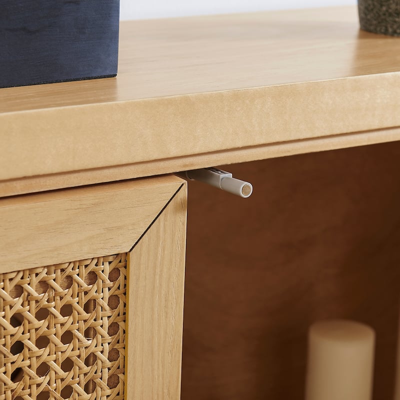 39.4" Mid Century Modern Rattan Storage Sideboard Cabinet with 2 Outlet Holes