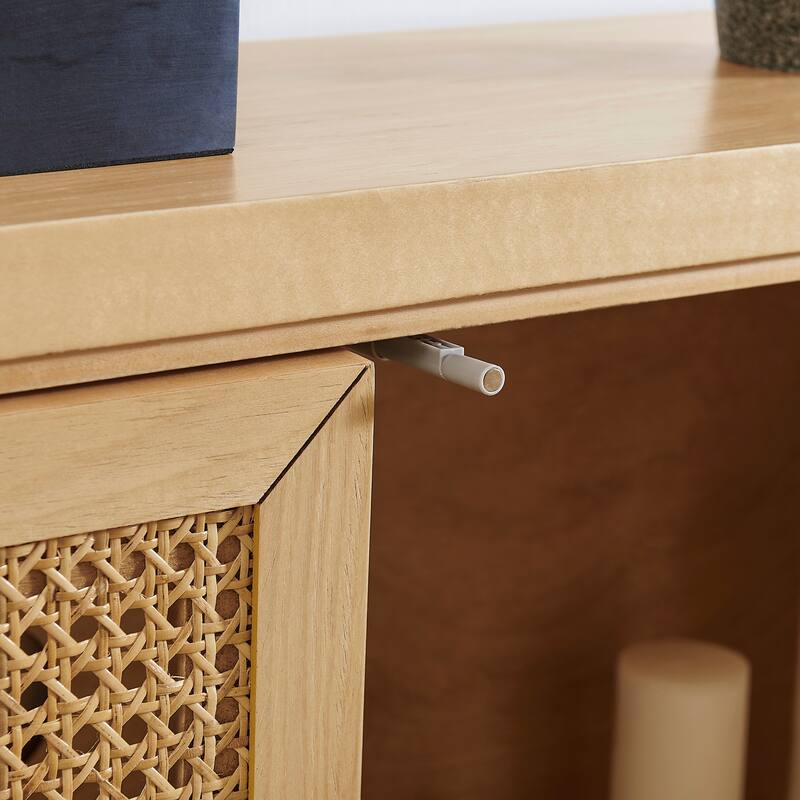 39.4" Retro Rattan Sideboard Buffet Cabinet with 2 Outlet Holes, Mid-Century Modern Coffee Bar Credenza Wood Accent Cabinet