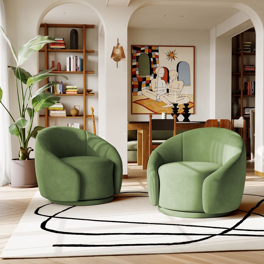 35" Wide 2 Set Velvet/ Boucle Barrel Swivel Chair