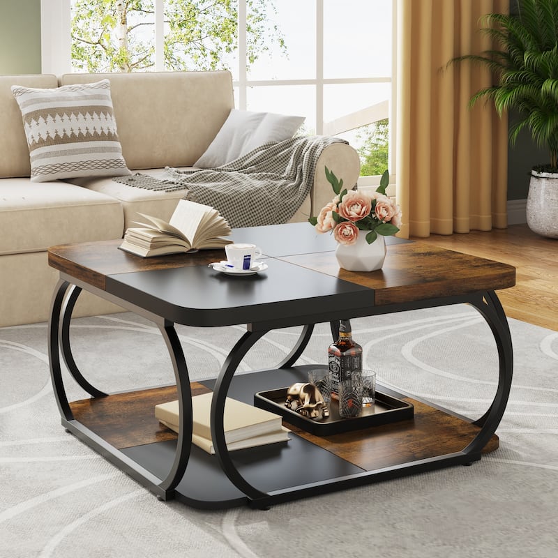 Square 2-Tier Coffee Table with Storage Shelf, 39 inches Low Farmhouse Wood Coffee Table for Modern Living Room